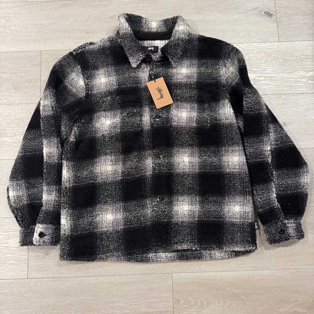 Stussy Double Chest Pocket Sherpa Button Up Plaid Sweater Long Sleeve Top Sz. M